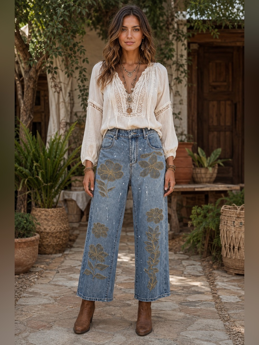 New Oli & Hali XL w17-20 Blue Denim Wide-Leg Jeans Gold Floral Embroidery Pant